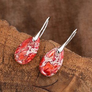 Navy & Red Jasper Teardrop Drop Earrings in Goldtone main image 1